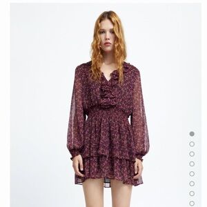 Zara purple, pink, and black flower print ruffle tiered long sleeve dress